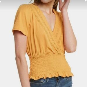 1. State Faux Wrap Top with Smocked Waist and Lace Detail Size Medium